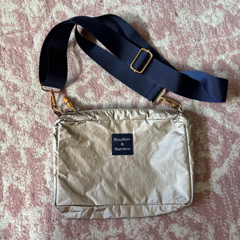 Bourbon & Bamboo Metallic Champagne Crossbody Bag Navy Blue Guitar Strap Pouch